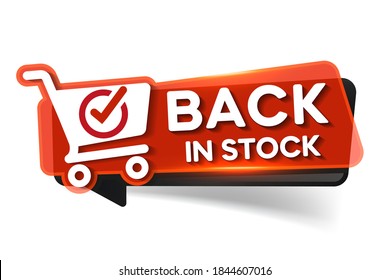 Back in stock, red banner with basket on white background, vector illustration
