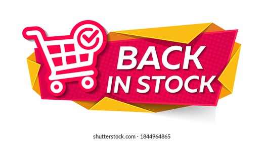 Back in stock, red banner with basket on white background, vector illustration
