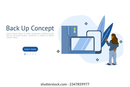 Back up storage illustration. characters choose to use personal devices in backup storage. backup storage devices concept. vector illustration.