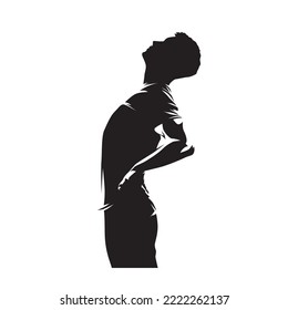 Back stretching. A man stretches his back after work. Back pain, hip pain. Isolated vector silhouette, ink drawing