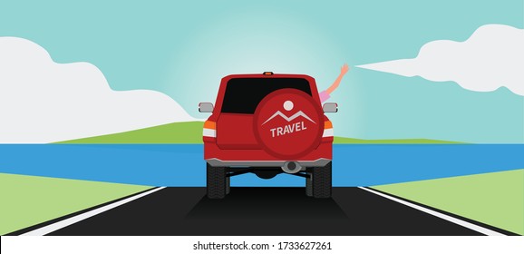 The back of an SUV car heading to the sea on the road. Driver show hand with five fingers. The front is a vast sea and islands under the blue sky.