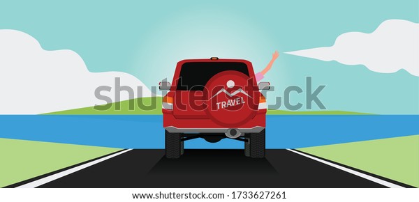 The back of an SUV car heading to the sea on\
the road. Driver show hand with five fingers. The front is a vast\
sea and islands under the blue\
sky.
