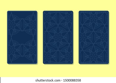 Back of Tarot card decorated with ornamental graphics and stars