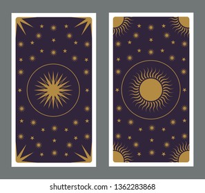 Back of Tarot card decorated with stars, sun and moon