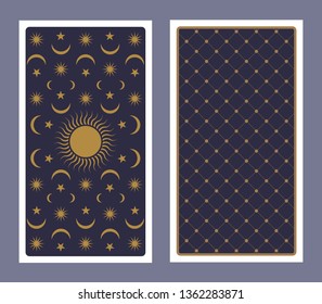 Back of Tarot card decorated with stars, sun and moon