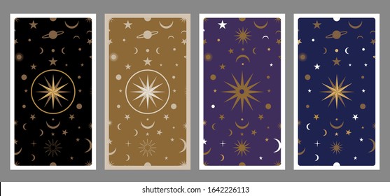 Back Of Tarot Card Decorated With Stars, Sun And Moon. Esoteric Background