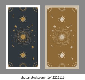 Back of Tarot card decorated with stars, sun and moon. Esoteric background