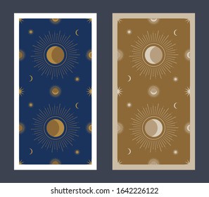 Back of Tarot card decorated with stars, sun and moon. Esoteric background