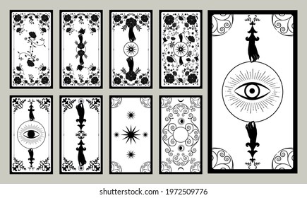 Back of Tarot card or playing card with floral ornamental elements and esoteric symbols. Victorian vintage style