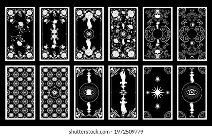 Back of Tarot card or playing card with floral ornamental elements and esoteric symbols. Victorian vintage style