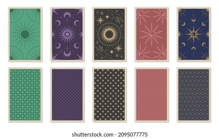 Back Of Tarot Cards. Vector Template For Card Deck With Sun, Moon, Stars, Hands, Ornament And Patterns. Magic And Mystic Design Elements. Cards For Astrology And Esoteric.
