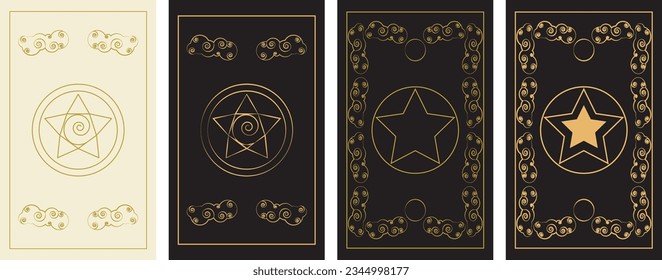 Atrás de las cartas de tarot. Plantilla vectorial para la cubierta de la tarjeta tarot con adorno y patrones en estilo vintage con estrellas, nubes y As de pentáculos.
