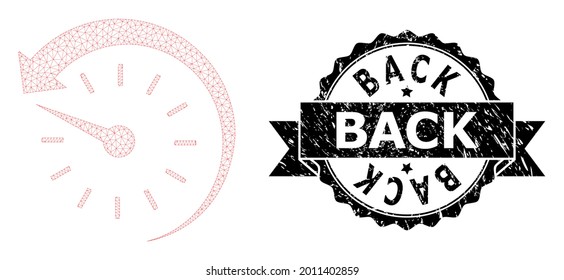 Back textured seal print and vector time backward mesh structure. Black stamp seal includes Back title inside ribbon and rosette. Abstract flat mesh time backward, created from flat mesh.