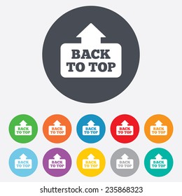 Back to top arrow sign icon. Scroll up page symbol. Round colourful 11 buttons. Vector