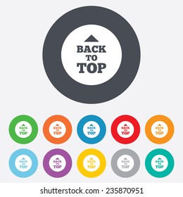 Back to top arrow sign icon. Scroll up page symbol. Round colourful 11 buttons. Vector