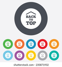 Back to top arrow sign icon. Scroll up page symbol. Round colourful 11 buttons. Vector