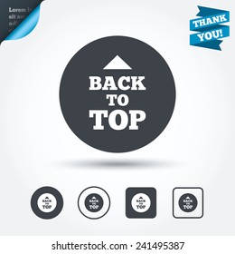 Back to top arrow sign icon. Scroll up page symbol. Circle and square buttons. Flat design set. Thank you ribbon. Vector