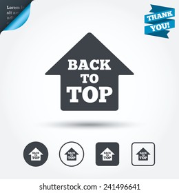 Back to top arrow sign icon. Scroll up page symbol. Circle and square buttons. Flat design set. Thank you ribbon. Vector
