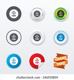 Back to top arrow sign icon. Scroll up page symbol. Circle concept buttons. Metal edging. Star and label sticker. Vector