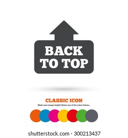 Back to top arrow sign icon. Scroll up page symbol. Classic flat icon. Colored circles. Vector