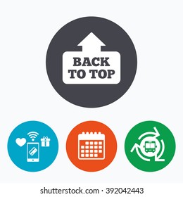 Back to top arrow sign icon. Scroll up page symbol. Mobile payments, calendar and wifi icons. Bus shuttle.