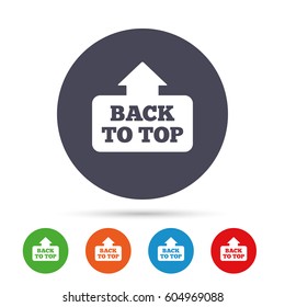 Back to top arrow sign icon. Scroll up page symbol. Round colourful buttons with flat icons. Vector