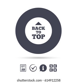 Back to top arrow sign icon. Scroll up page symbol. Report document, information and check tick icons. Currency exchange. Vector