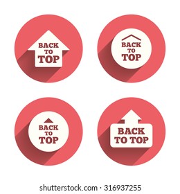Back to top icons. Scroll up with arrow sign symbols. Pink circles flat buttons with shadow. Vector