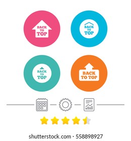 Back to top icons. Scroll up with arrow sign symbols. Calendar, cogwheel and report linear icons. Star vote ranking. Vector