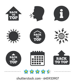 Back to top icons. Scroll up with arrow sign symbols. Information, go to web and calendar icons. Sun and loud speak symbol. Vector
