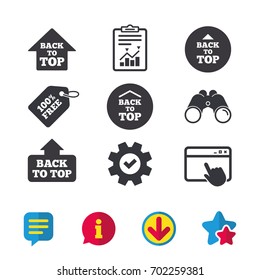 Back to top icons. Scroll up with arrow sign symbols. Browser window, Report and Service signs. Binoculars, Information and Download icons. Stars and Chat. Vector