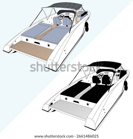 Back and top view printable boat drawing. High-resolution and scalable artwork of a modern boat, perfect for t-shirts, posters, web use, and marine-themed designs.