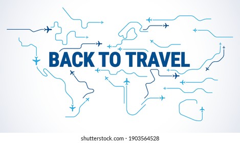 Back to travel concept - Airplanes silhouettes fly in the sky over world map - blue and white airplane travelling line art - vector illustration 