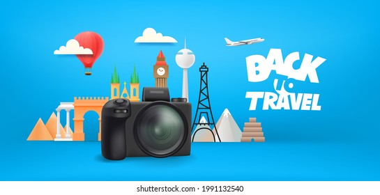 Back to travel concept. World travel vector illustration with famous monuments 
