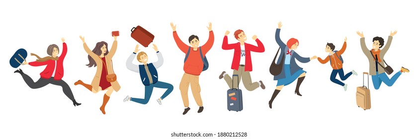 Back To Travel Horizontal Poster. Happy Jumping People With Suitcases And Bags. We Miss Travelling. New Normal Concept. Editable Vector Illustration In A Modern Flat Style Isolated On White Background