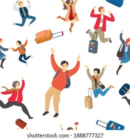Back to travel seamless pattern. Happy jumping people with suitcases and bags. We miss travelling. New normal concept. Editable vector illustration in a modern flat style isolated on white background