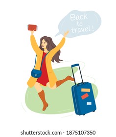 Back to travel vertical poster. Happy jumping woman with a suitcase. We miss travelling. New normal concept. Editable vector illustration in a modern flat style isolated on a white background.