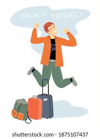 Back to travel vertical poster. Happy jumping man carrying many suitcases. We miss travelling. New normal concept. Editable vector illustration in a modern flat style isolated on a white background.