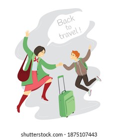 Back to travel vertical poster. Happy jumping family with a suitcase. We miss travelling. New normal concept. Editable vector illustration in a modern flat style isolated on a white background.
