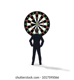 A back turned businessman and looking the dart as business, finish, goal, target and vision of leader concept. vector illustration.