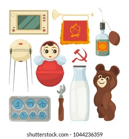 Back to ussr. Symbols and traditional historical landmarks of soviet union. Traditional ussr, soviet union historic nostalgia, vector illustration
