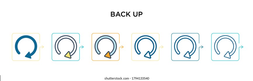 Back up vector icon in 6 different modern styles. Black, two colored back up icons designed in filled, outline, line and stroke style. Vector illustration can be used for web, mobile, ui