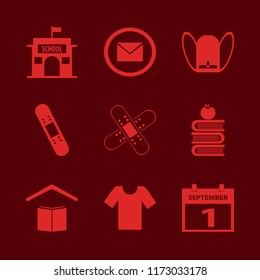 back vector icons set. with books and apple, envelope, patch medicine and t shirt in set