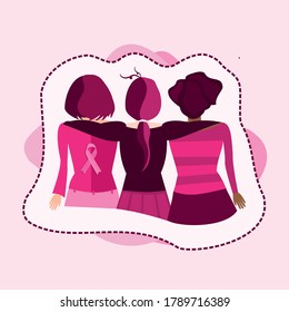 Back view of 3 Women . illustration for national breast cancer awareness month with pink ribbon symbol. World October Breast Cancer Awareness Month. Medical vector illustration.