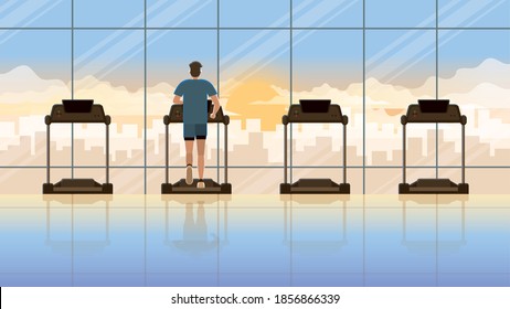 Back view of alone man running on treadmill in empty fitness center at early morning sunrise orange light. Everyday daily routine of active healthy people city lifestyle of diligent cardio exercise.