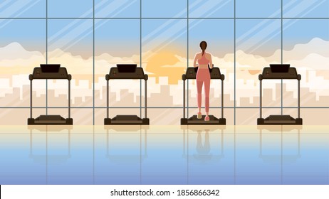 Back view of alone woman running on treadmill in empty fitness center at early morning sunrise orange light. Everyday daily routine of active healthy people city lifestyle of diligent cardio exercise.