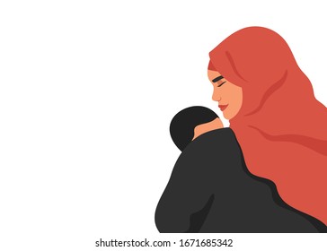 Back View Of Arabian Mother Holding Baby Son In Her Arms. Mother`s Day Concept With Saudi Woman And Her Child. Vector Illustration Isolated On White