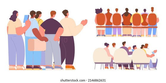 Back view audience, people stand and sitting in chairs. Event or auditorium crowd. Fans meeting, students class or office seminar. Rear views persons on conference, vector set