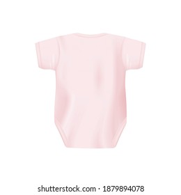 Back view of baby pink cotton bodysuit with crew-neck realistic vector template illustration isolated on white background. Children one piece underwear mockup or layout.