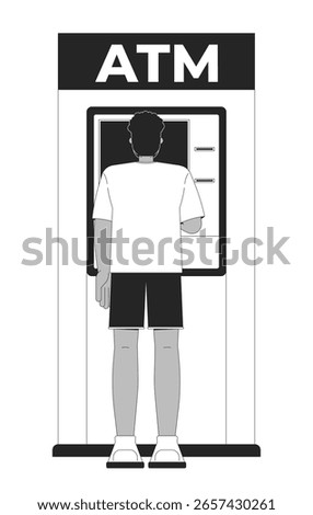 Back view black man using ATM device 2D line character. African american guy cash withdrawal from automated teller machine isolated vector ink outline person. Monochromatic spot illustration